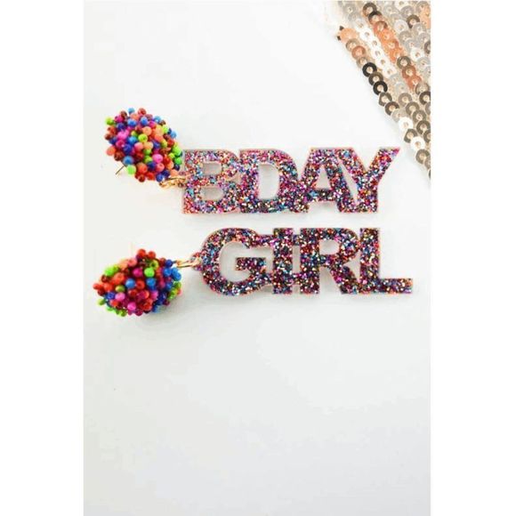 MULTI COLORED BIRTHDAY GIRL ACRYLIC EARRINGS - Picture 1 of 5